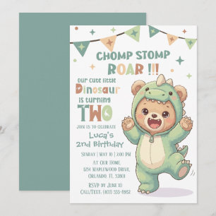 Cute Bear in Dinosaur Costume   2nd Birthday Party Invitation