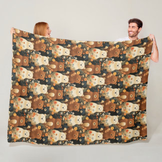 Cute Bear In Meadow of Flowers Pattern Fleece Blanket