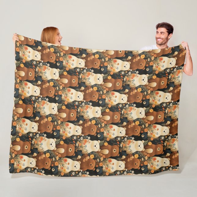 Cute Bear In Meadow of Flowers Pattern Fleece Blanket (In Situ)