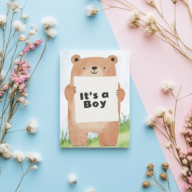 Cute bear It’s a Boy Baby Shower bear Invitation (Cute bear illustration holding a sign that says “It’s a Boy.”)