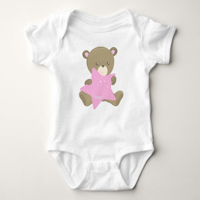 Cute Bear, Little Bear, Baby Bear, Bear With Star Baby Bodysuit (Front)