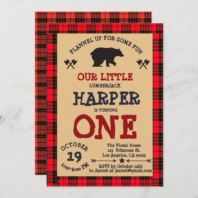 Cute Bear Lumberjack 1st Birthday Woodland Plaid Invitation (Front/Back)