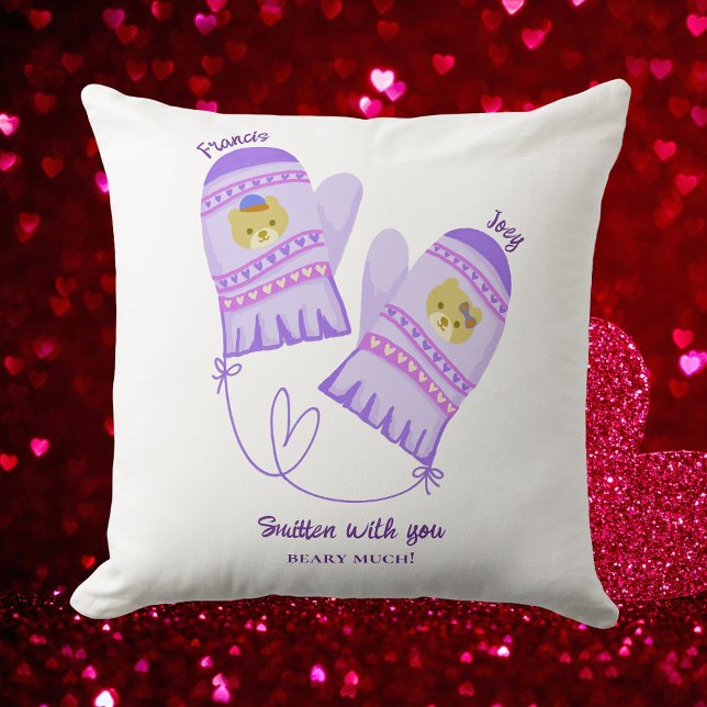Cute Bear Mittens Personalized Lovers Throw Pillow ((Front) Cute Mittens Personalized Pillow. Perfect for your loved one as gift for Valentine’s Day!)