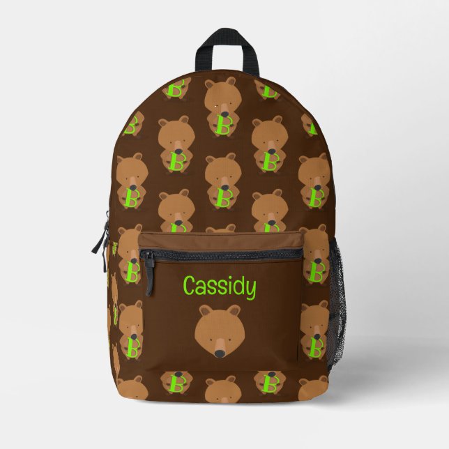 Cute Bear Monogram Kids Name Printed Backpack (Front)