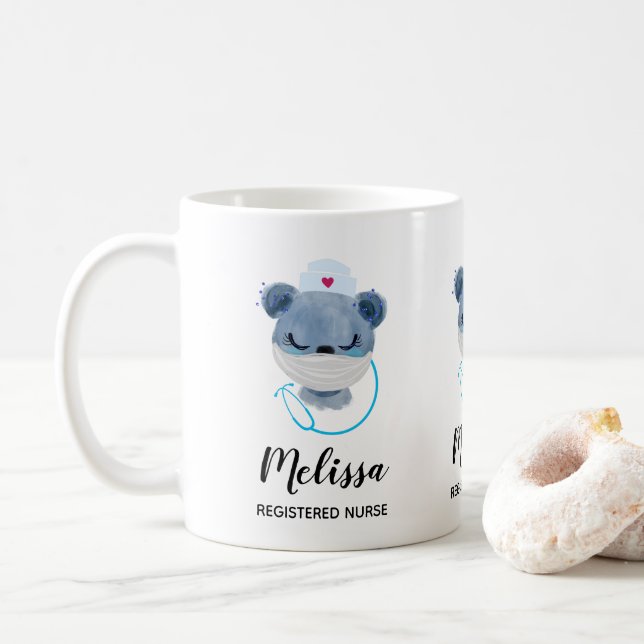 Cute Bear Nurse Wearing a Medical Mask Coffee Mug (With Donut)
