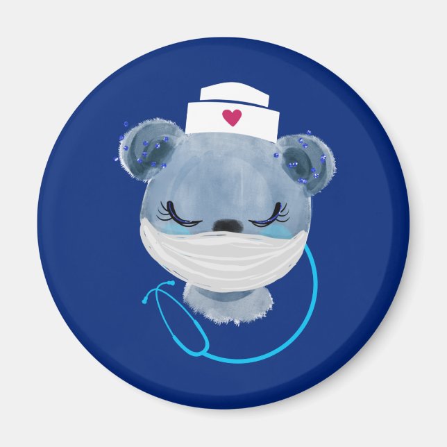 Cute Bear Nurse Wearing a Medical Mask Magnet (Front)