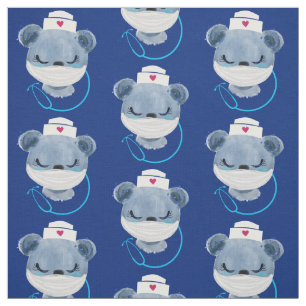 Cute Bear Nurse Wearing a Medical Mask Pattern Fabric