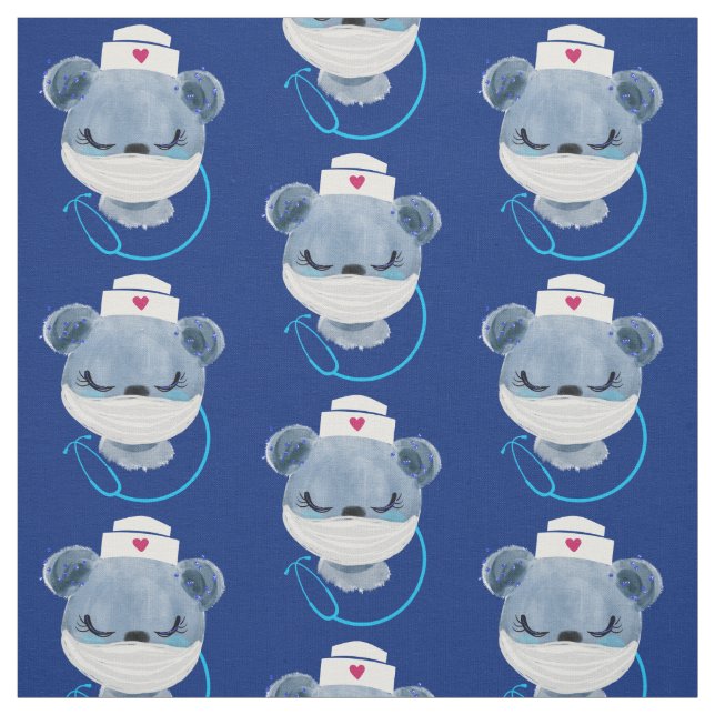 Cute Bear Nurse Wearing a Medical Mask Pattern Fabric (Swatch)