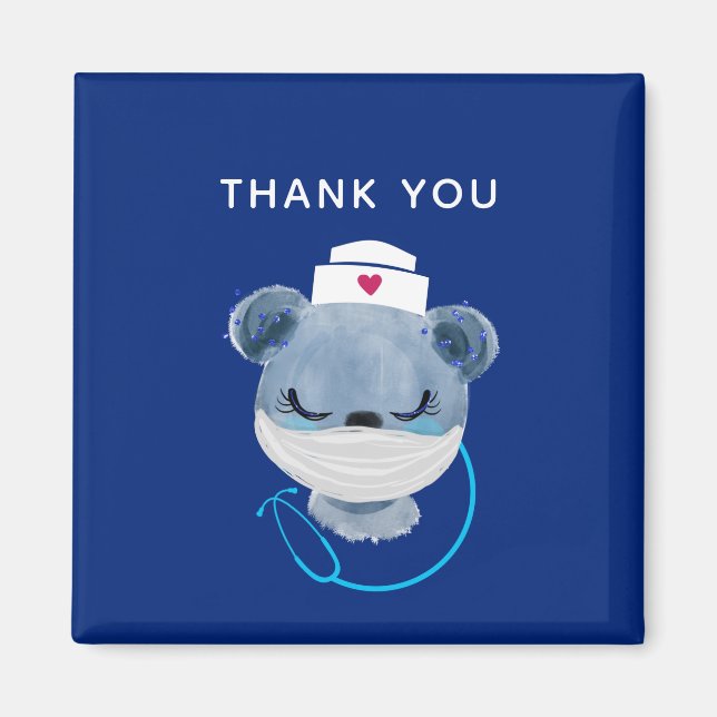 Cute Bear Nurse Wearing a Medical Mask Thank You Magnet (Front)