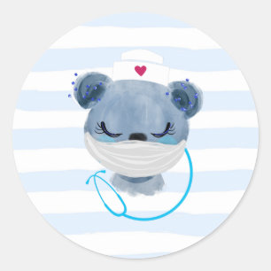 Cute Bear Nurse wearing a Protective Mask Classic Round Sticker