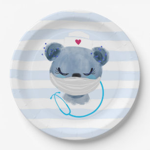 Cute Bear Nurse wearing a Protective Mask Paper Plate