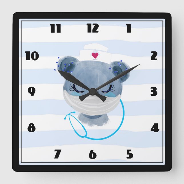 Cute Bear Nurse wearing a Protective Mask Square Wall Clock (Front)