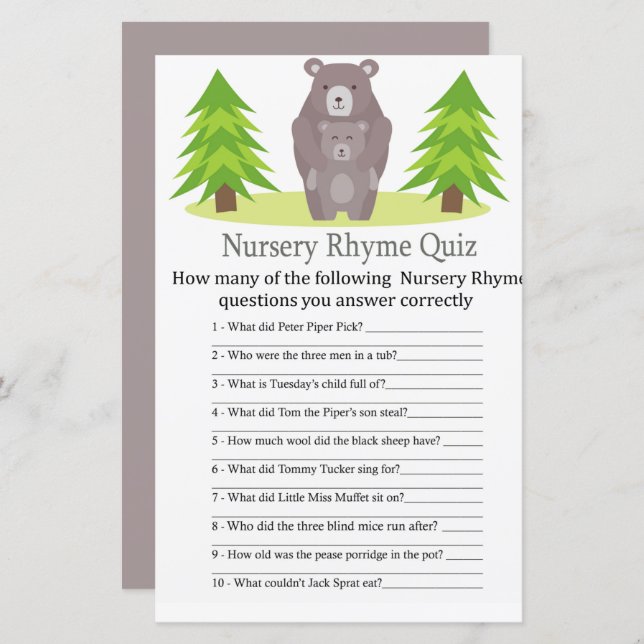 Cute Bear Nursery Rhyme Quiz baby shower game (Front/Back)