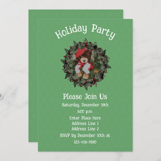 Cute Bear On Wreath Christmas Holiday  Invitation (Front/Back)