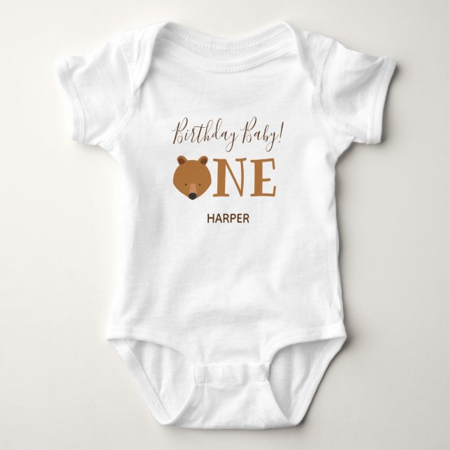 Cute Bear One Name First Birthday Baby Bodysuit (Front)