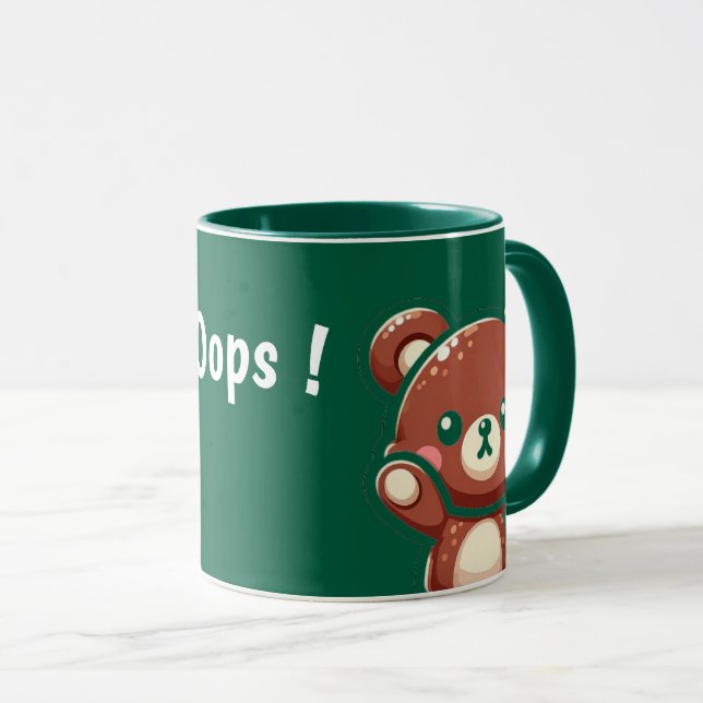 Cute Bear Oops Green Mug | Kawaii Coffee Cup (Front Right)