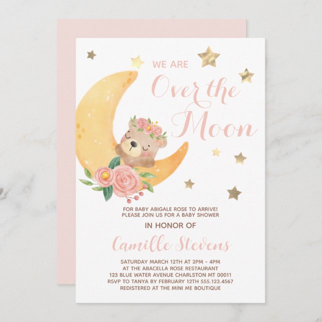 Cute Bear Over the Moon Baby Shower Girl Invitation (Front/Back)