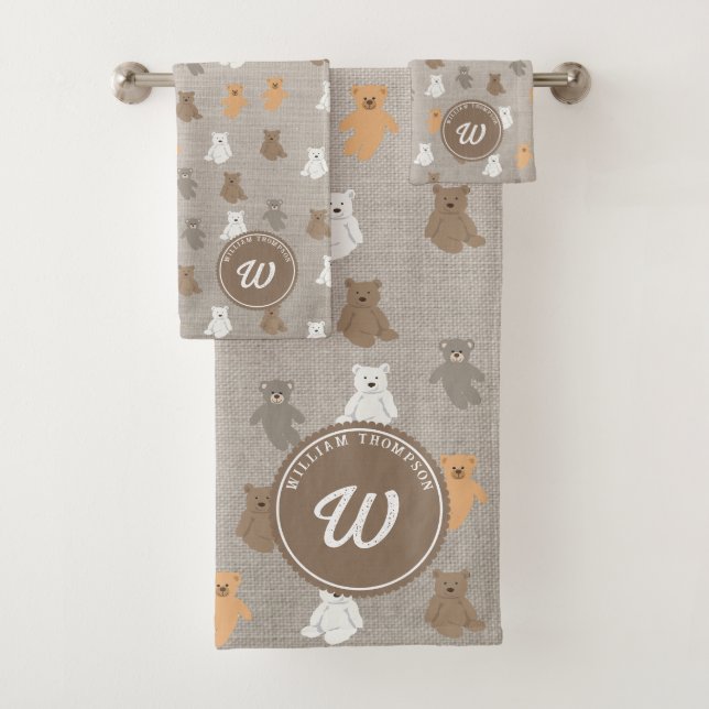 Cute Bear Pattern Initial Monogram Bath Towel Set (Insitu)