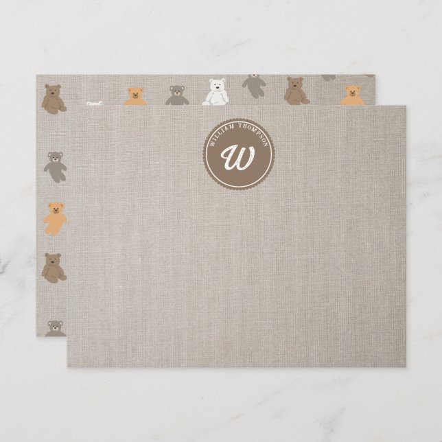 Cute Bear Pattern Initial Monogram Card (Front/Back)
