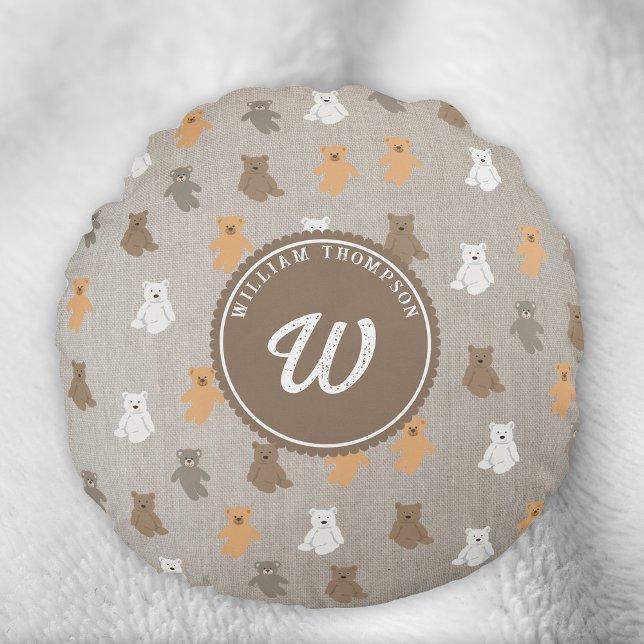 Cute Bear Pattern Initial Monogram Round Cushion (Cute Bear Pattern Initial Monogram Round Pillow)