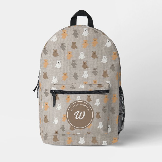Cute Bear Pattern Initial Monogram School Printed Backpack (Front)