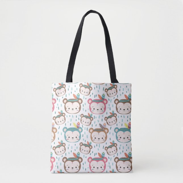 Cute Bear Pattern Tote Bag with Colourful Boho (Front)