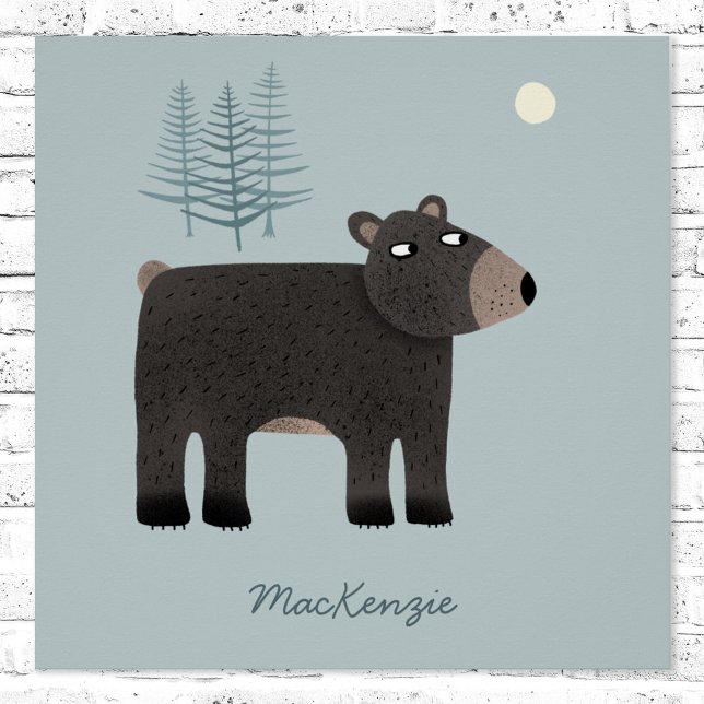 Cute Bear Personalised Poster (Personalized cute bear, moon and woodland forest poster)
