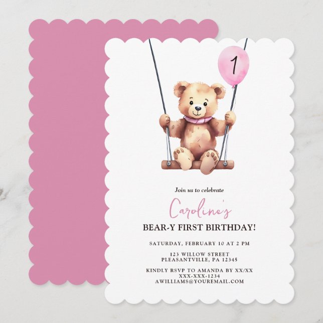Cute Bear Pink Balloon Girl First Birthday Invitation (Front/Back)
