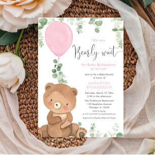 Cute bear pink balloon greenery girl baby shower invitation