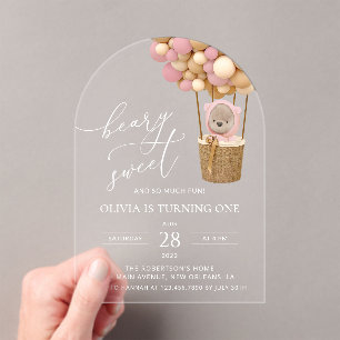 Cute Bear, Pink Balloons, First Birthday Acrylic Invitations