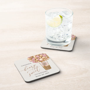 Cute Bear, Pink Balloons, First Birthday Coaster