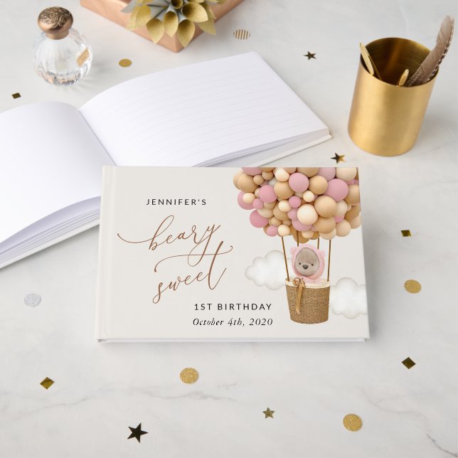 Cute Bear, Pink Balloons, First Birthday Guest Book (Front Open)