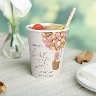 Cute Bear, Pink Balloons, First Birthday Paper Cups