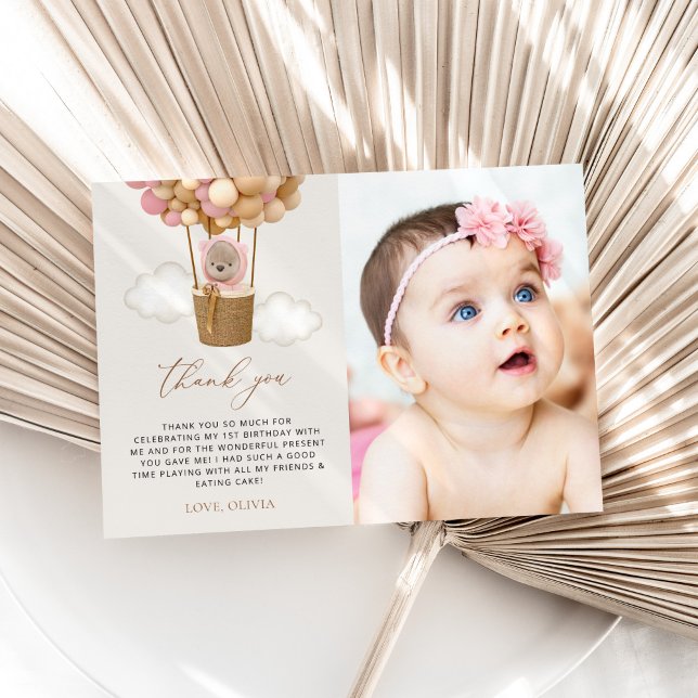 Cute Bear, Pink Balloons, First Birthday Thank You Card (Creator Uploaded)
