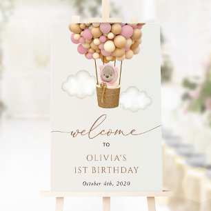 Cute Bear, Pink Balloons, First Birthday Welcome Poster