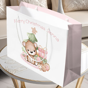 Cute Bear Pink Girl Custom Name Christmas  Large Gift Bag
