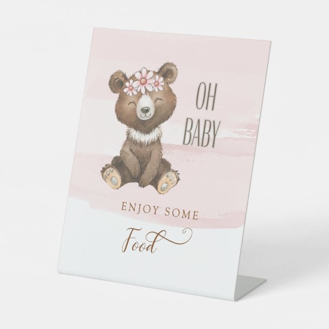Cute Bear Pink Oh Baby Food Pedestal Sign (Front)