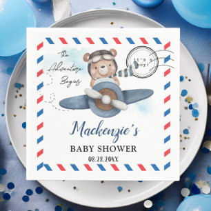 Cute Bear Plane Adventure Begins Boy Baby Shower  Napkin