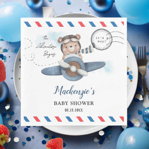 Cute Bear Plane Adventure Begins Boy Baby Shower  Napkin
