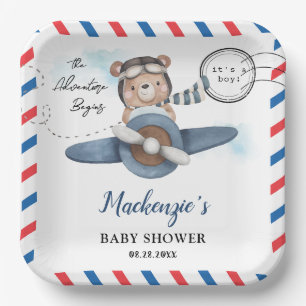 Cute Bear Plane Adventure Begins Boy Baby Shower  Paper Plate