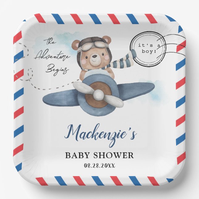 Cute Bear Plane Adventure Begins Boy Baby Shower  Paper Plate (Front)