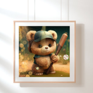Cute Bear playing Baseball Personalised Poster