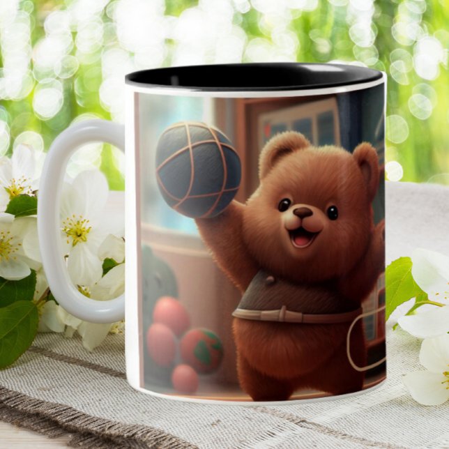 Cute Bear playing Basketball Art Personalised Two-Tone Coffee Mug (Creator Uploaded)