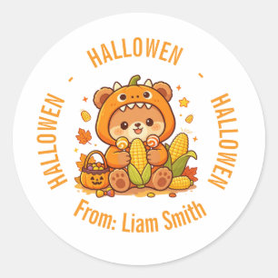 Cute Bear Pumpkin Custom Name Halloween  Classic Round Sticker
