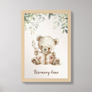 Cute Bear Reading Books Nursery Animal Wall Art
