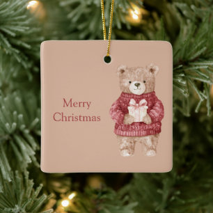 Cute Bear Red Sweater Christmas Ceramic Ornament