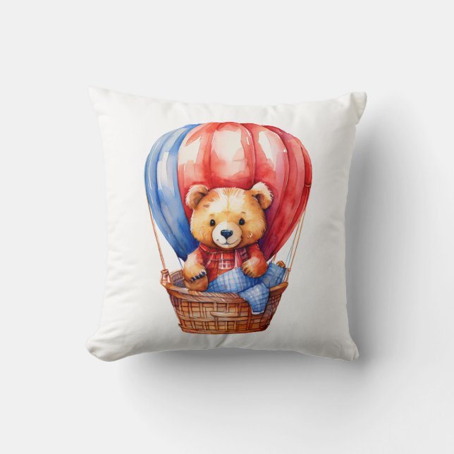 Cute Bear Riding in a Hot Air Balloon Pillow (Front)