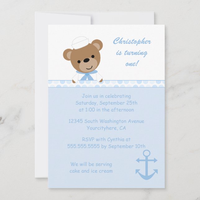 Cute bear sailor boy's birthday party invitation (Front)