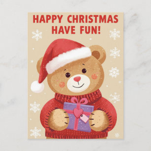 Cute Bear Santa Hat Present Happy Christmas Holida Holiday Postcard