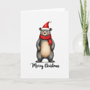 Cute Bear Santa Hat Scarf Merry Christmas Card Art
